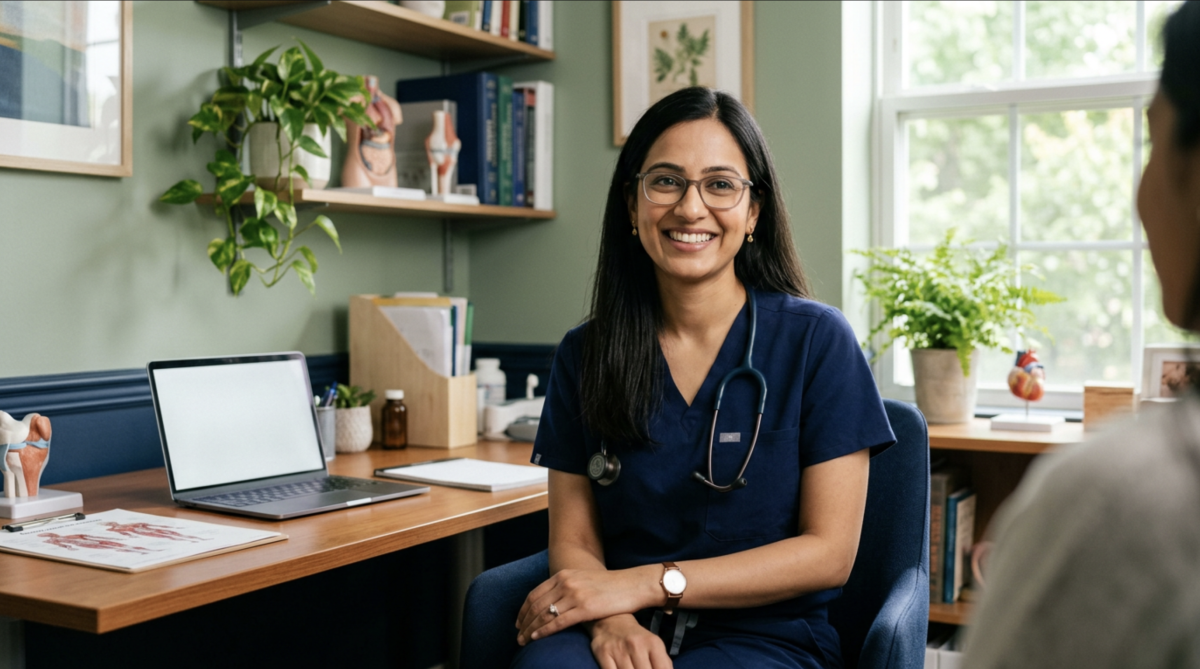 Friendly clinician in her office
